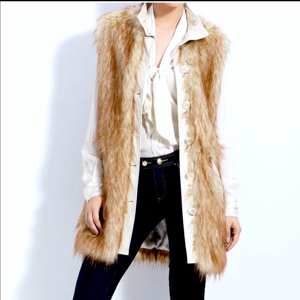 Rachel Zoe Leather Trim Long Faux Fur Vest Sz. 2